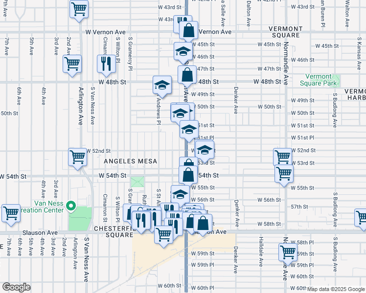 map of restaurants, bars, coffee shops, grocery stores, and more near 5179 South Western Avenue in Los Angeles
