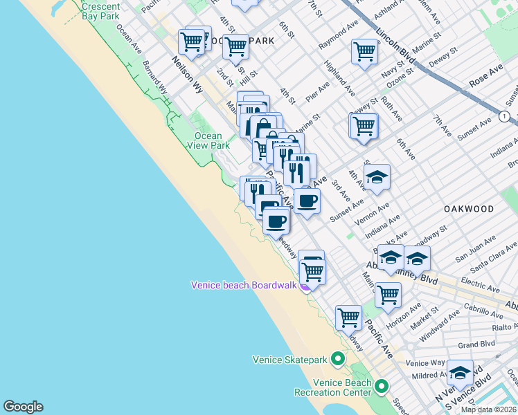 map of restaurants, bars, coffee shops, grocery stores, and more near 14 Ozone Avenue in Los Angeles