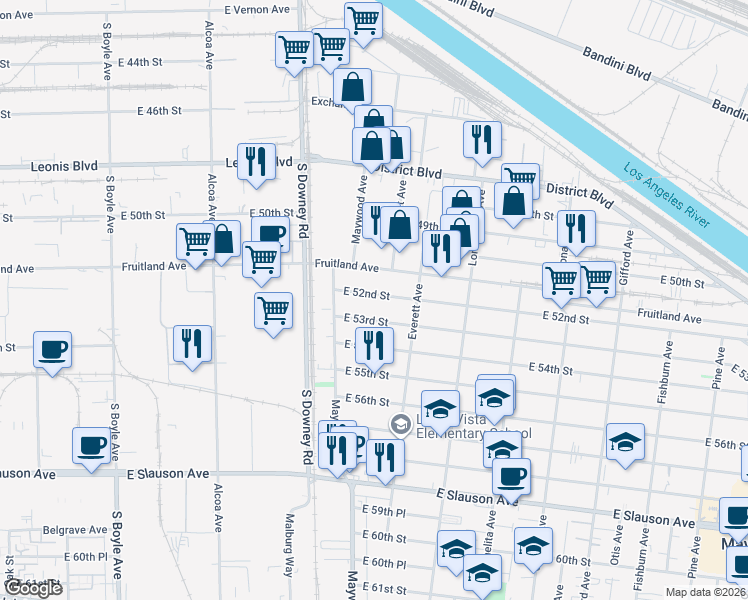 map of restaurants, bars, coffee shops, grocery stores, and more near 3548 East 52nd Street in Maywood