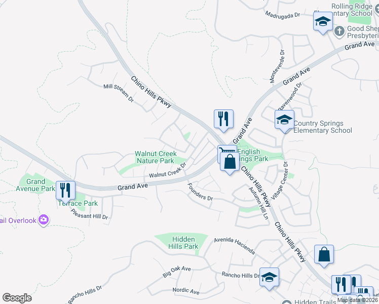 map of restaurants, bars, coffee shops, grocery stores, and more near 14185 Deerbrook Lane in Chino Hills