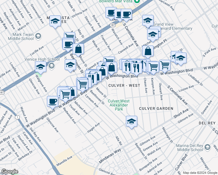 map of restaurants, bars, coffee shops, grocery stores, and more near 4040 Rosabell Street in Los Angeles