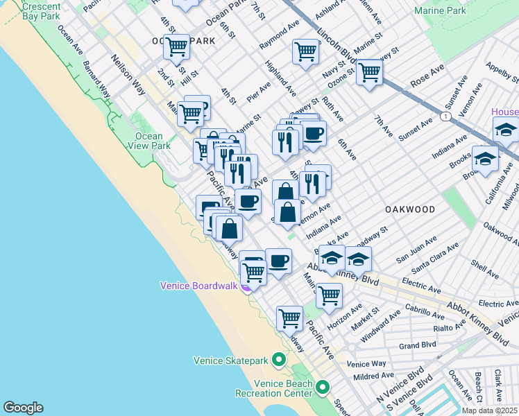 map of restaurants, bars, coffee shops, grocery stores, and more near 340 Main Street in Los Angeles