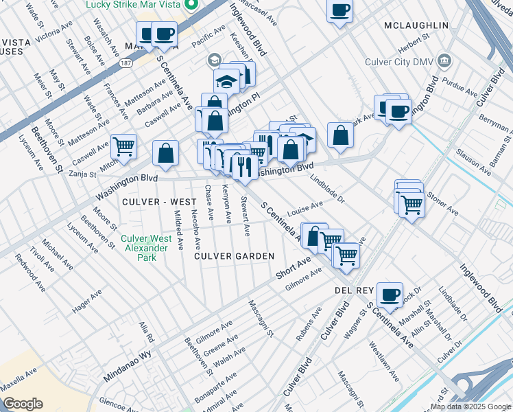 map of restaurants, bars, coffee shops, grocery stores, and more near 4229 South Centinela Avenue in Los Angeles