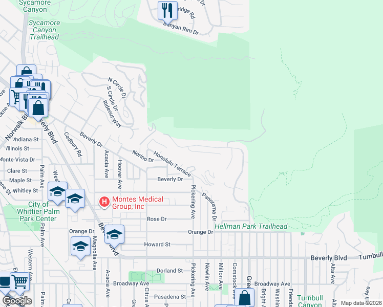 map of restaurants, bars, coffee shops, grocery stores, and more near 12516 Mount Holly Drive in Whittier