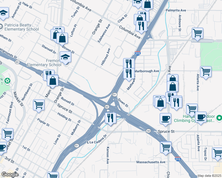 map of restaurants, bars, coffee shops, grocery stores, and more near 1769 West La Cadena Drive in Riverside