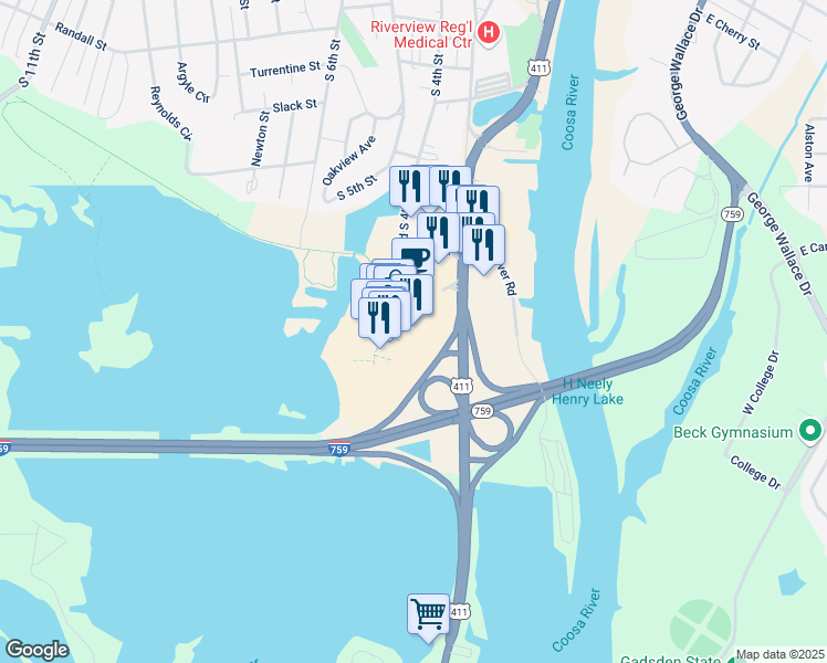 map of restaurants, bars, coffee shops, grocery stores, and more near 1001 Rainbow Drive in Gadsden