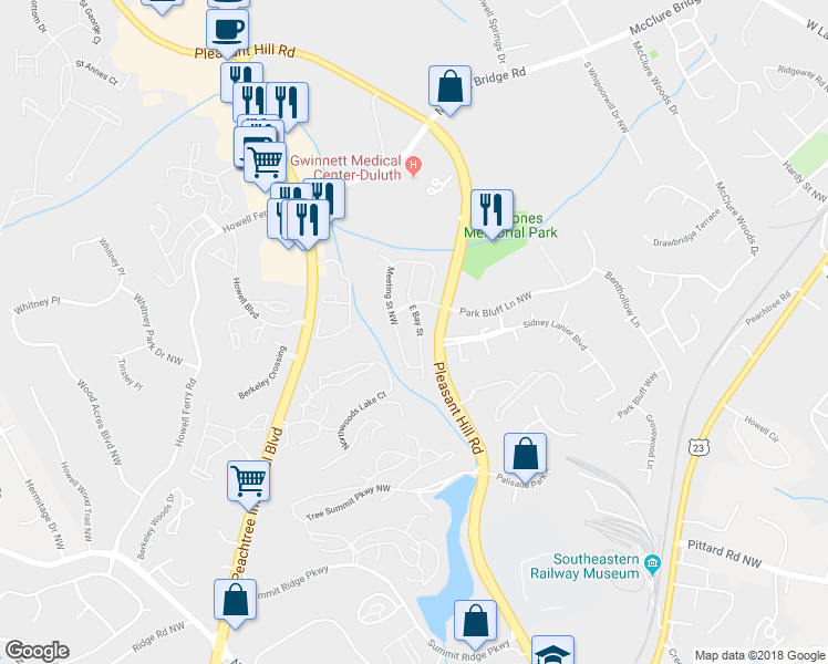 map of restaurants, bars, coffee shops, grocery stores, and more near 3670 East Bay Street in Duluth