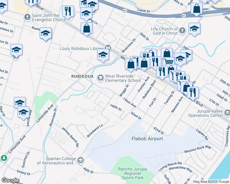 map of restaurants, bars, coffee shops, grocery stores, and more near in Riverside
