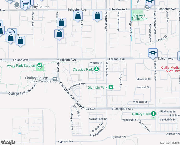 map of restaurants, bars, coffee shops, grocery stores, and more near 14211 Willamette Avenue in Chino
