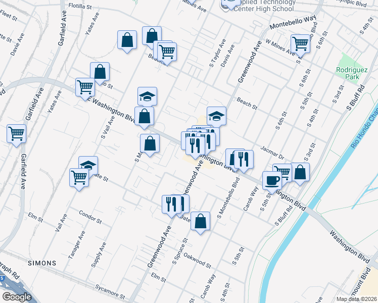 map of restaurants, bars, coffee shops, grocery stores, and more near in Montebello