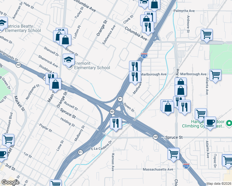 map of restaurants, bars, coffee shops, grocery stores, and more near 1769 West La Cadena Drive in Riverside