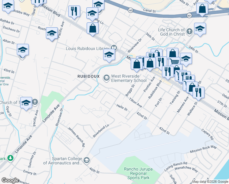 map of restaurants, bars, coffee shops, grocery stores, and more near in Jurupa Valley