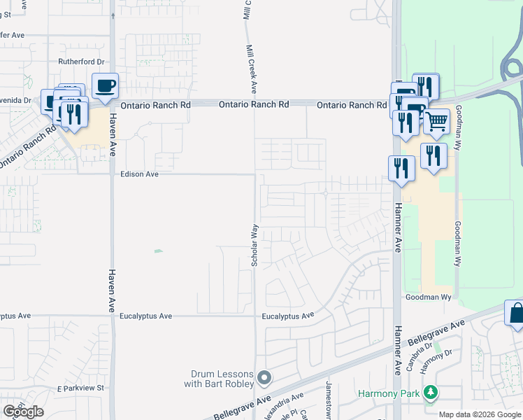 map of restaurants, bars, coffee shops, grocery stores, and more near 14162 Scholar Way in Ontario