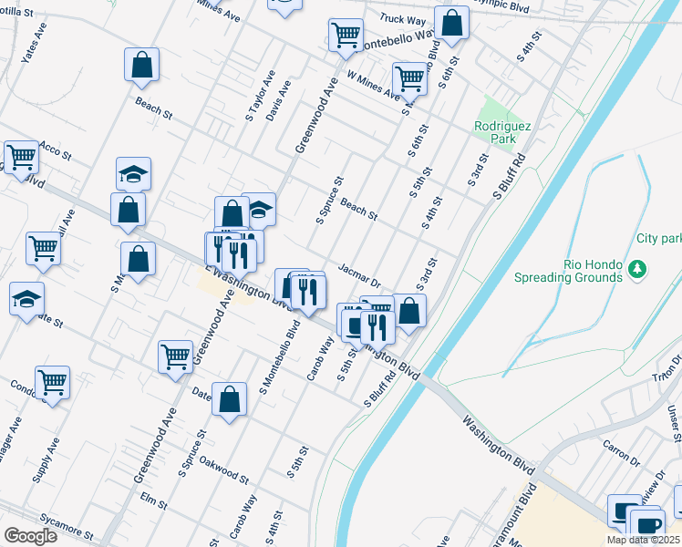 map of restaurants, bars, coffee shops, grocery stores, and more near 642 Jacmar Drive in Montebello