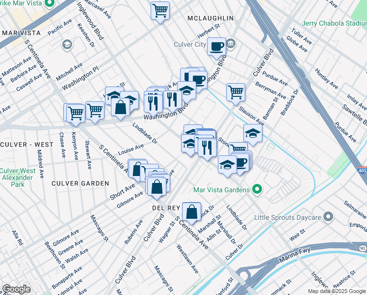 map of restaurants, bars, coffee shops, grocery stores, and more near 4424 Inglewood Boulevard in Los Angeles