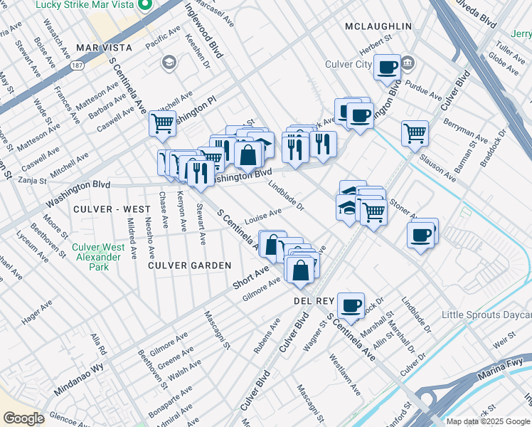 map of restaurants, bars, coffee shops, grocery stores, and more near 4278 Grand View Boulevard in Los Angeles