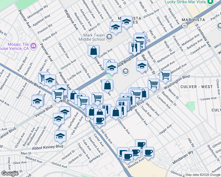 map of restaurants, bars, coffee shops, grocery stores, and more near 2445 Walgrove Avenue in Los Angeles
