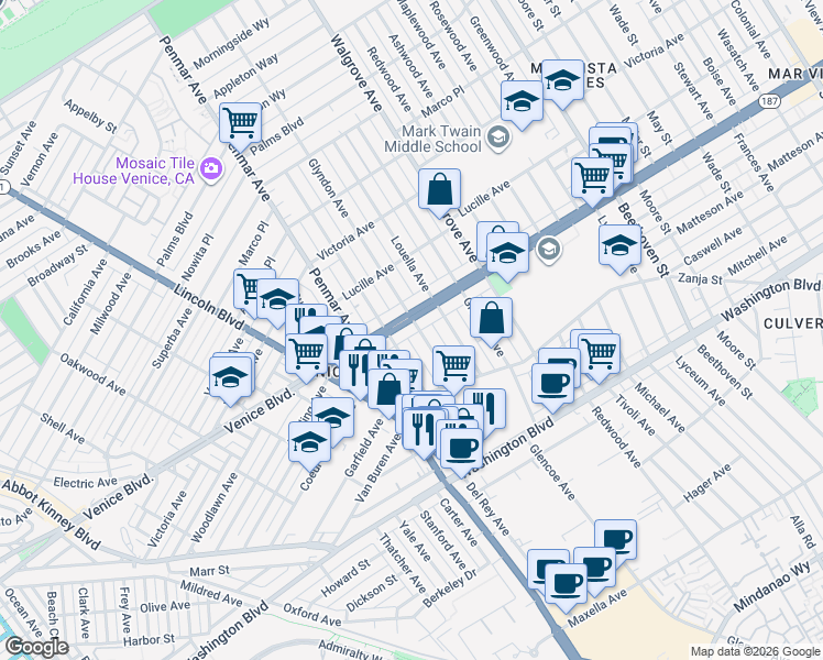 map of restaurants, bars, coffee shops, grocery stores, and more near 1409 Venice Boulevard in Los Angeles