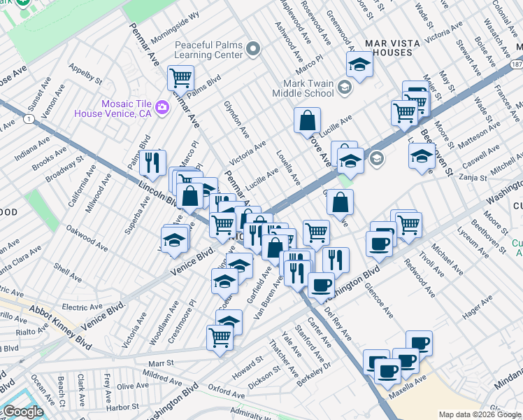 map of restaurants, bars, coffee shops, grocery stores, and more near 2330 Walnut Avenue in Los Angeles