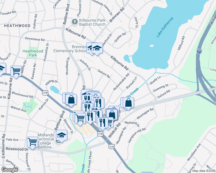 map of restaurants, bars, coffee shops, grocery stores, and more near 819 Buckingham Road in Columbia