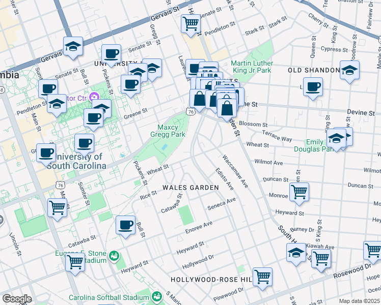 map of restaurants, bars, coffee shops, grocery stores, and more near 1731 Wheat Street in Columbia