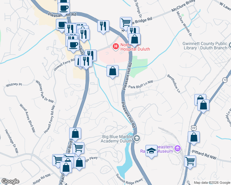 map of restaurants, bars, coffee shops, grocery stores, and more near 3670 East Bay Street in Duluth
