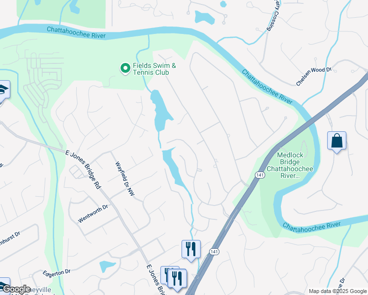 map of restaurants, bars, coffee shops, grocery stores, and more near 5070 Riverlake Drive in Duluth