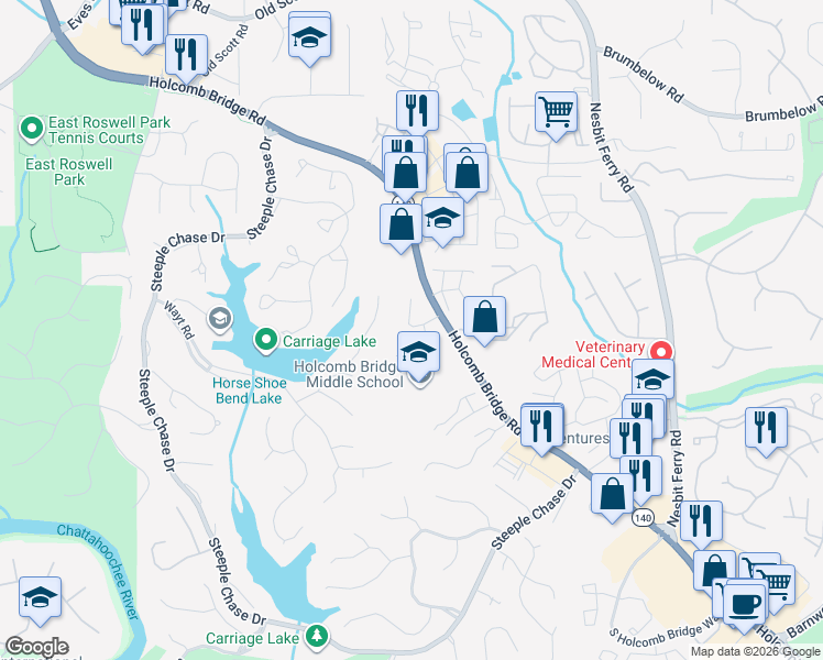 map of restaurants, bars, coffee shops, grocery stores, and more near 120 Riversong Drive in Alpharetta