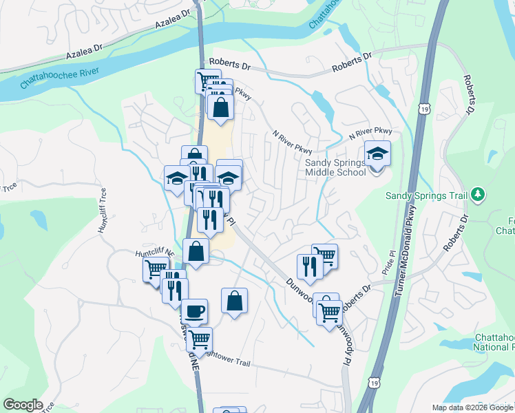 map of restaurants, bars, coffee shops, grocery stores, and more near 304 Sandalwood Drive in Sandy Springs
