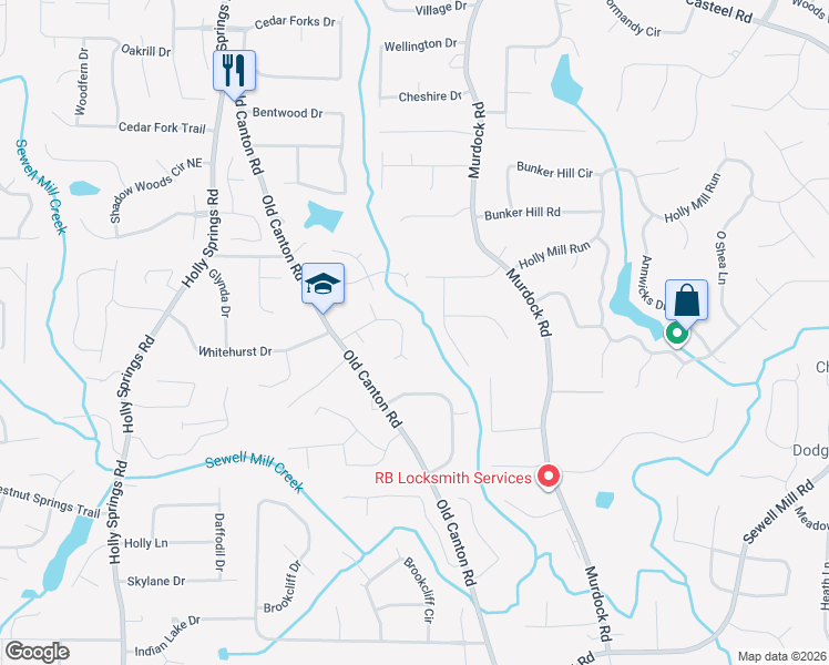 map of restaurants, bars, coffee shops, grocery stores, and more near 2883 Wynfair Drive in Marietta