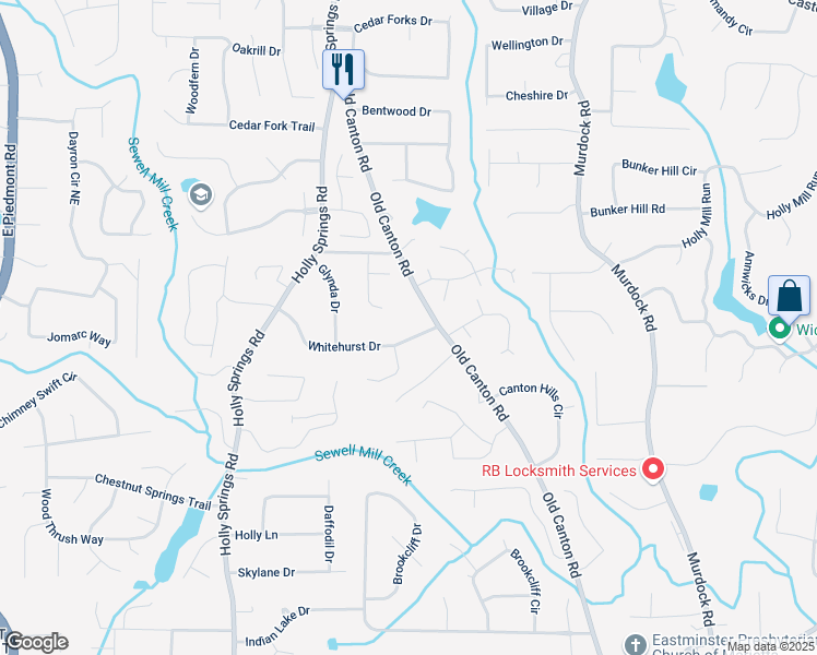 map of restaurants, bars, coffee shops, grocery stores, and more near 2755 Whitehurst Drive in Marietta