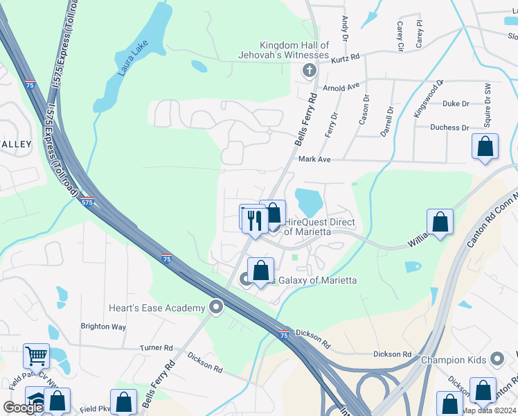 map of restaurants, bars, coffee shops, grocery stores, and more near 129 Bridge View Drive in Marietta