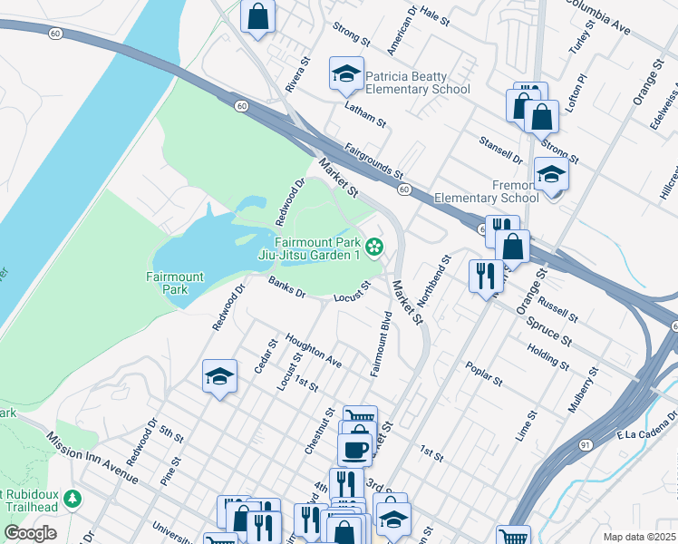 map of restaurants, bars, coffee shops, grocery stores, and more near in Riverside