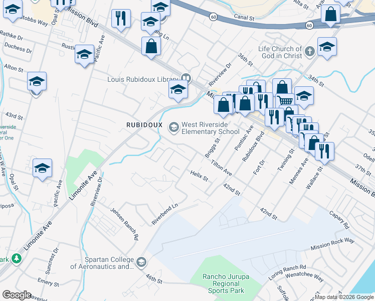 map of restaurants, bars, coffee shops, grocery stores, and more near in Jurupa Valley