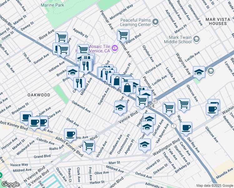 map of restaurants, bars, coffee shops, grocery stores, and more near in Los Angeles