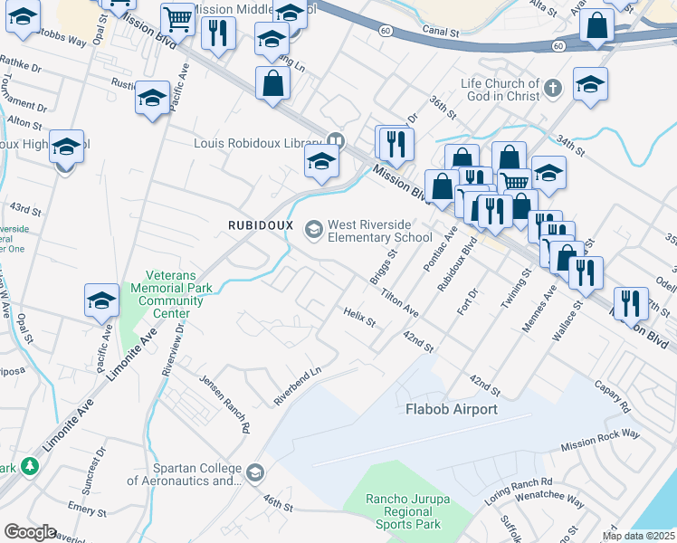 map of restaurants, bars, coffee shops, grocery stores, and more near 5754 Tilton Avenue in Riverside