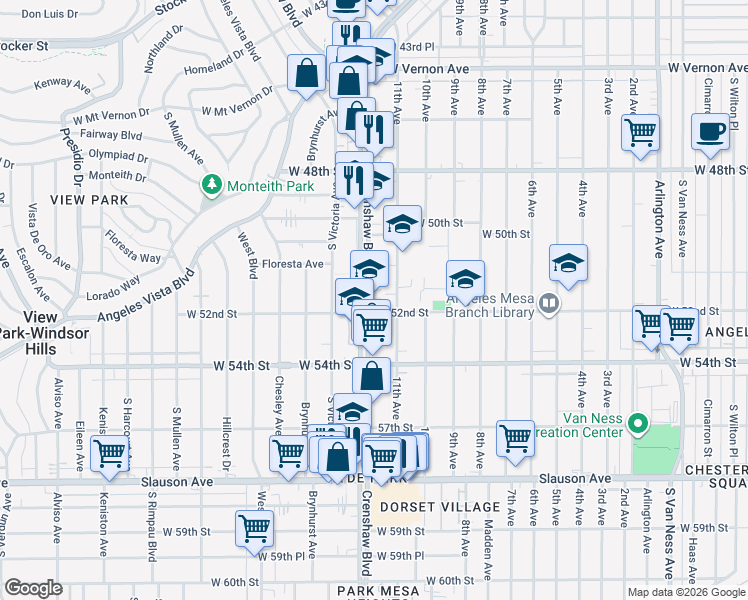 map of restaurants, bars, coffee shops, grocery stores, and more near 5144 Crenshaw Boulevard in Los Angeles