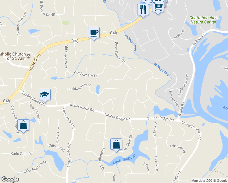 map of restaurants, bars, coffee shops, grocery stores, and more near 1822 Baldwin Farms Drive in Marietta