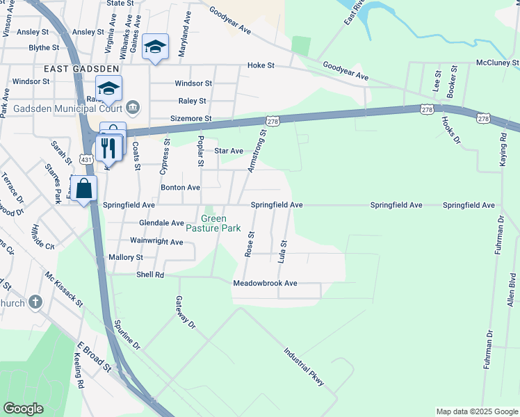 map of restaurants, bars, coffee shops, grocery stores, and more near 1410 Springfield Avenue in Gadsden