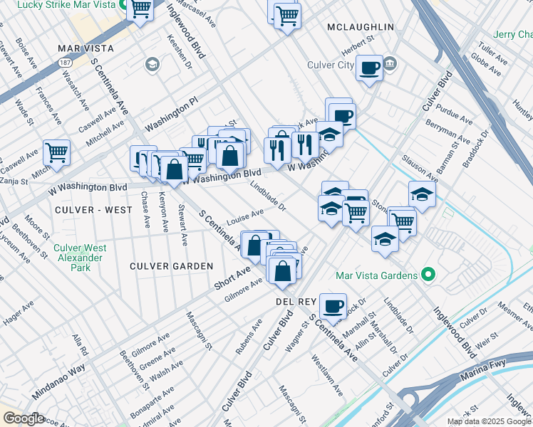 map of restaurants, bars, coffee shops, grocery stores, and more near 4312 Grand View Boulevard in Los Angeles