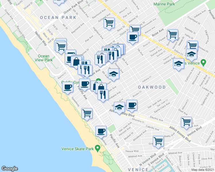 map of restaurants, bars, coffee shops, grocery stores, and more near 354 3rd Avenue in Los Angeles