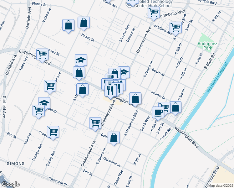 map of restaurants, bars, coffee shops, grocery stores, and more near 944 South Greenwood Avenue in Montebello