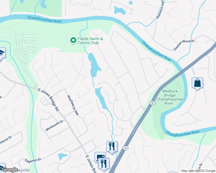 map of restaurants, bars, coffee shops, grocery stores, and more near 5070 Riverlake Drive in Duluth