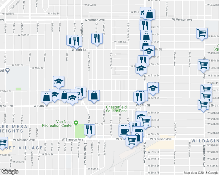 map of restaurants, bars, coffee shops, grocery stores, and more near 5167 South Gramercy Place in Los Angeles