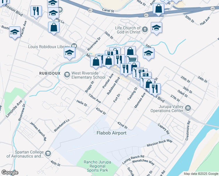 map of restaurants, bars, coffee shops, grocery stores, and more near 3931 Pontiac Avenue in Riverside