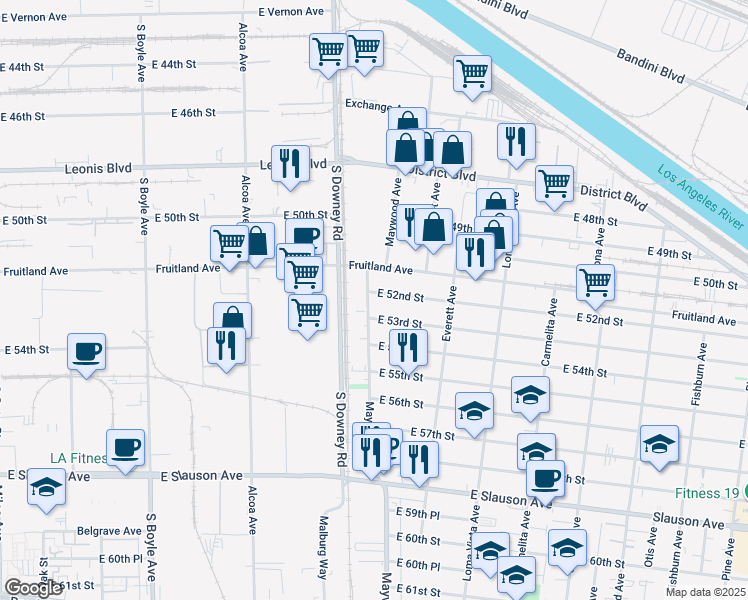map of restaurants, bars, coffee shops, grocery stores, and more near 3536 East 52nd Street in Maywood