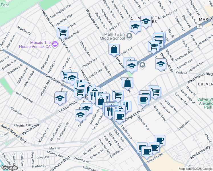 map of restaurants, bars, coffee shops, grocery stores, and more near 1409 Venice Boulevard in Los Angeles