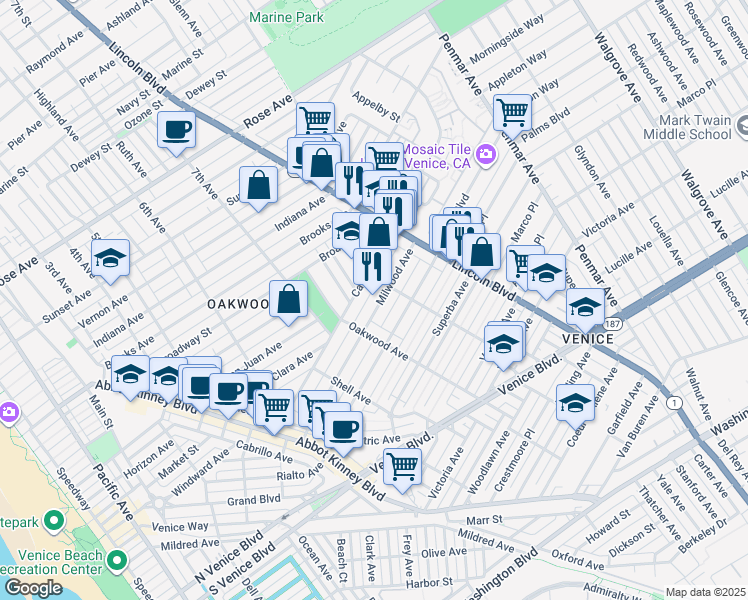 map of restaurants, bars, coffee shops, grocery stores, and more near 837 Milwood Avenue in Los Angeles