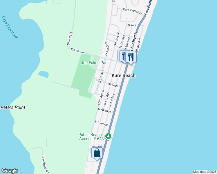 map of restaurants, bars, coffee shops, grocery stores, and more near 501 I Avenue in Kure Beach