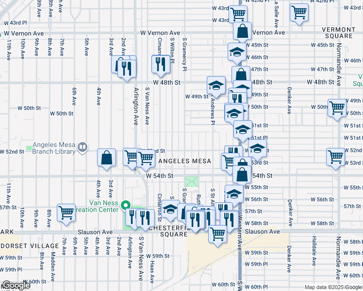 map of restaurants, bars, coffee shops, grocery stores, and more near 5167 South Gramercy Place in Los Angeles